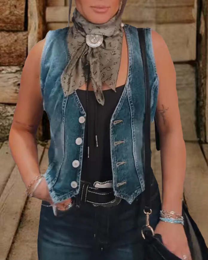 Women's Vintage V Neck Denim Vest
