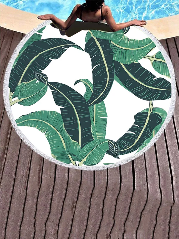 Leaves Print Round Shape Tasseled Beanch Mat