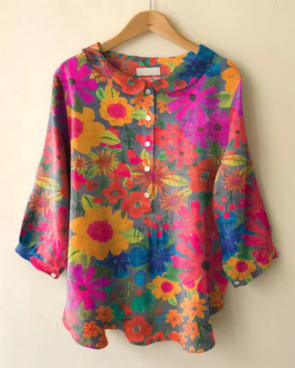 Vintage Floral Print Long Sleeve Peter Pan Collar Shirt