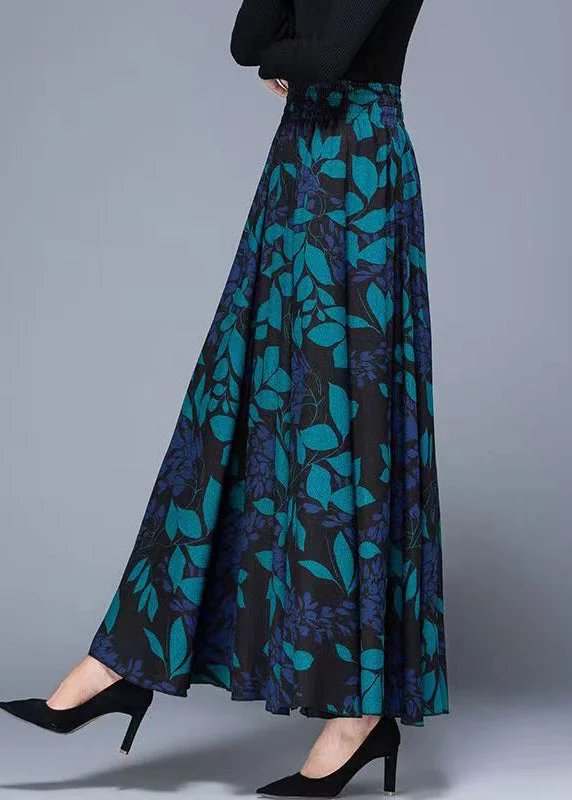 French Blue Print Pockets Elastic Waist Cotton Skirt Fall