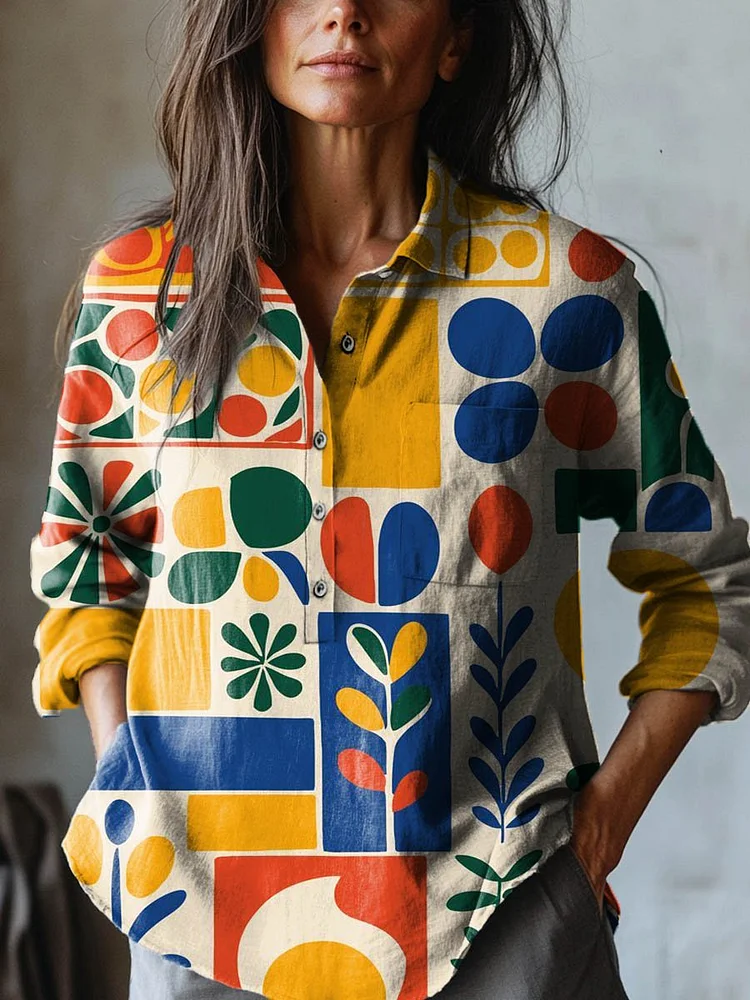 Women's Abstract Geometric Patchwork Pattern Art Print Casual Cotton And Linen Shirt