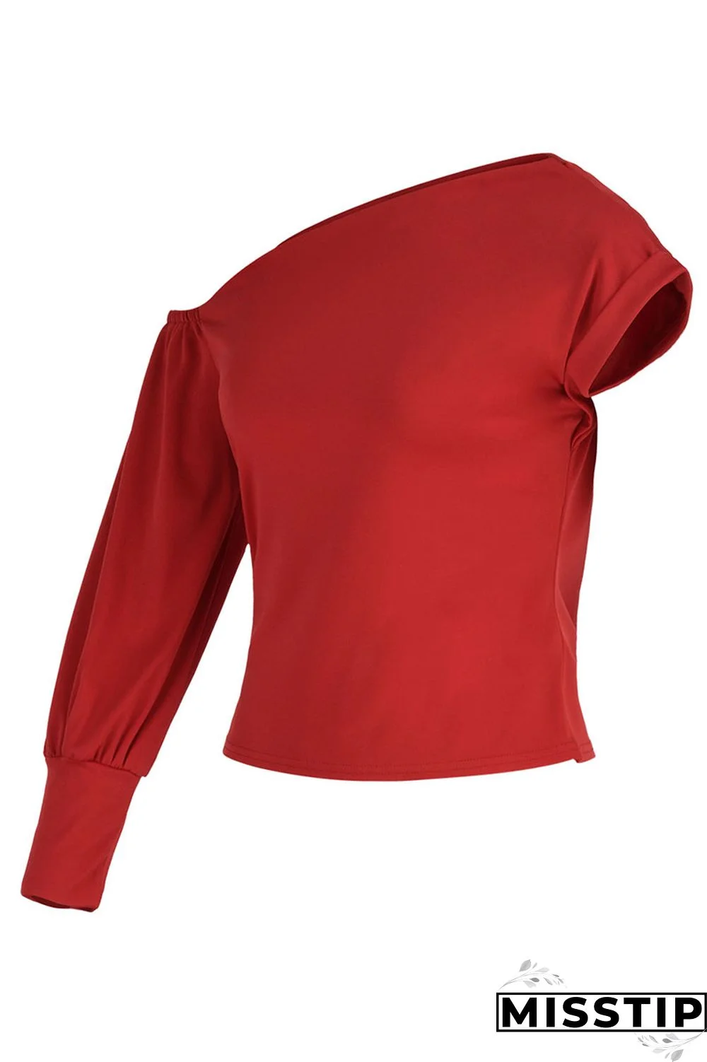 Red Fashion Casual Solid Patchwork Asymmetrical Oblique Collar Tops