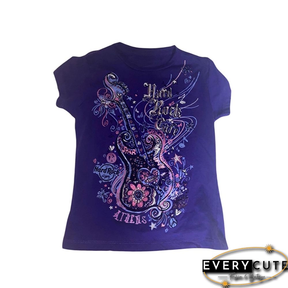 Women Guitar Letter Print Tops Cute Short Sleeve T Shirt Chic Wild Round Neck Tee Aesthetic Harajuku Clothes