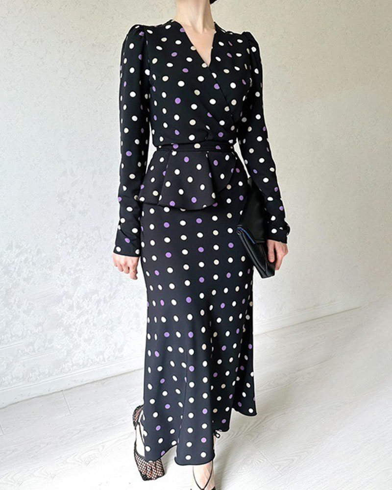 Rotimia French polka dot V-neck tie waist dress