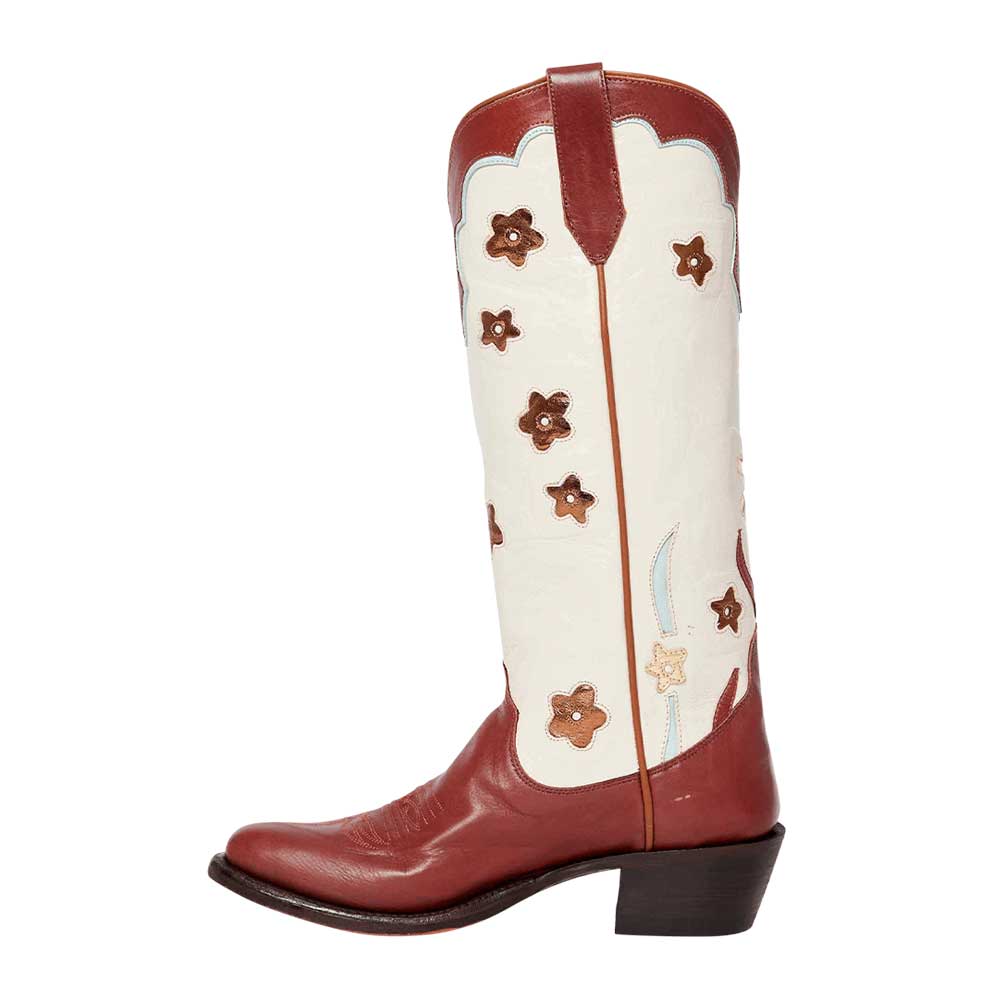 Maroon & Ivory Chunky Heel Floral Inlay Wide Calf Knee Cowgirl Boots