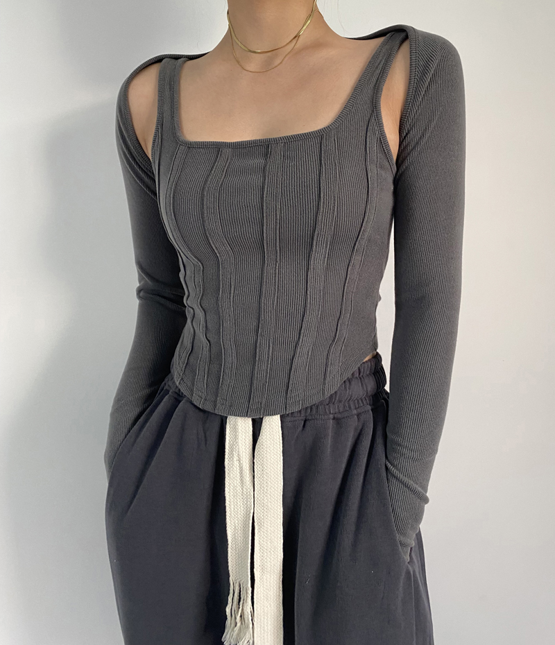 Ootddress Women Striped Stitching Slim T-shirt Female 2 In 1 Shrug Set Co-ord Crop Shrug And Corset Tank Tops Set Y2k Streetwear New