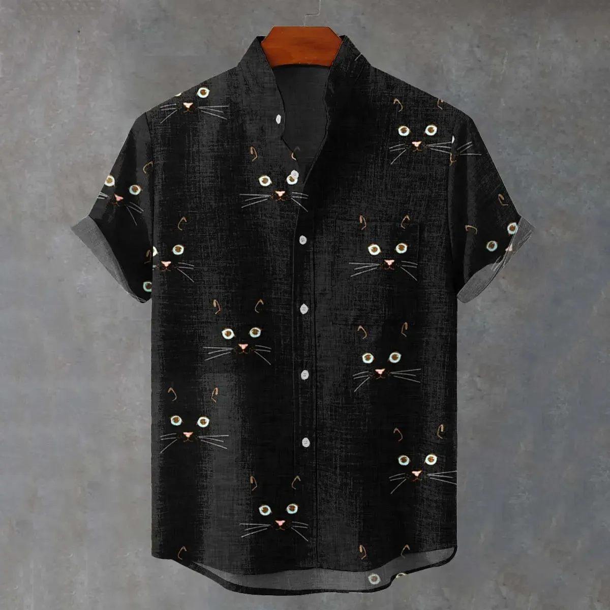 Men's Retro Cat Print Casual Linen Blend Short-sleeve Shirt  artssus