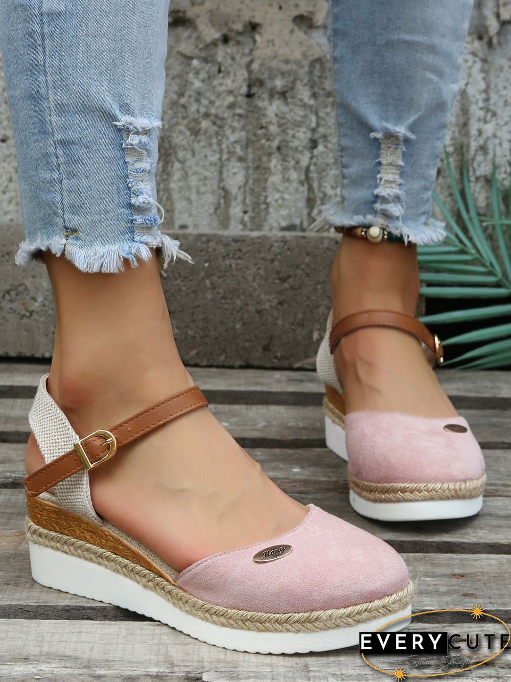 Women Color Block Summer Vacation Braided Non-Slip Block Heel Espadrille Sandals Adjustable Buckle EVA Wedges&Flatform