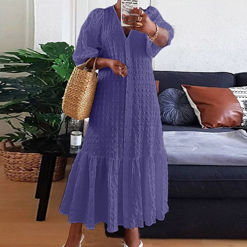 VONDA 2022 Summer Women Shirt Dress Sexy V Neck Button Half Sleeve Long Dresses Bohemian Vestidos Plus Size 5XL Elegant Robes