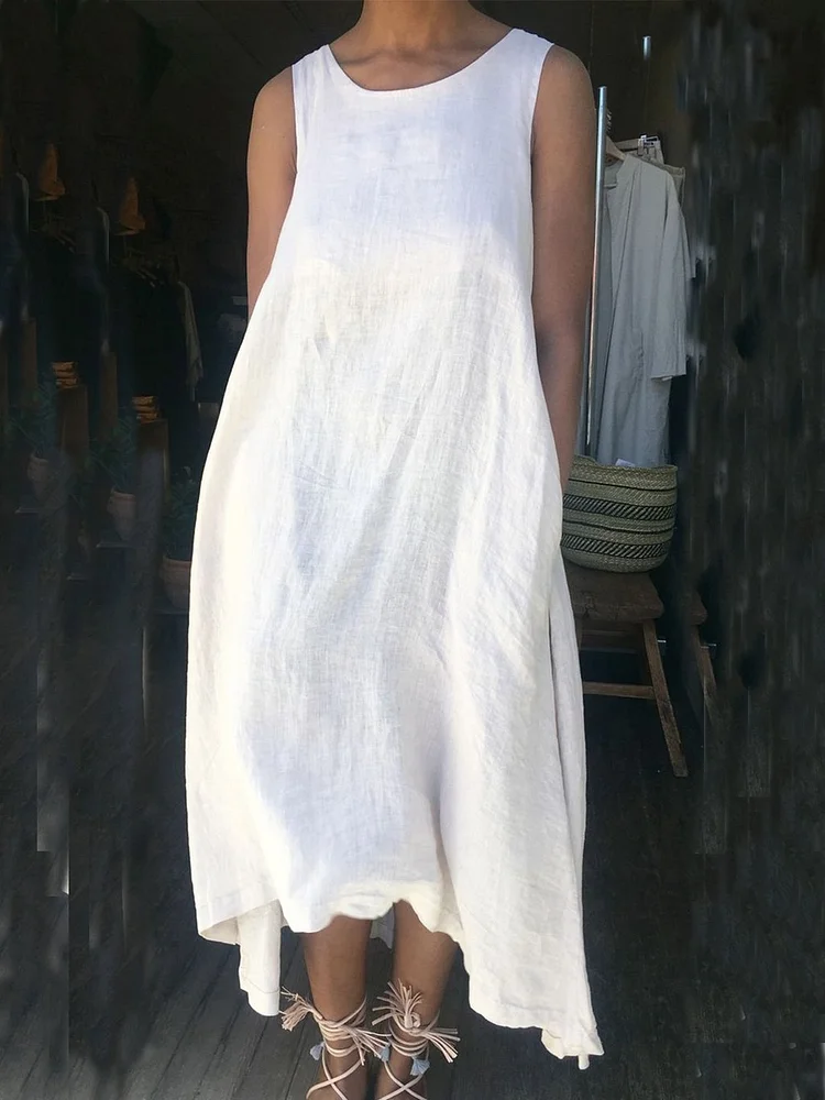 Round Neck Casual Cotton Solid Casualdress White Dresses Linen