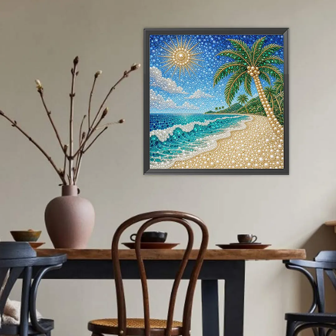 Summer Beach Pearl Full DIY 5D Round Drill Gem Art Diamond Painting Kits 15.75x15.75 in Diamond Dots Paintings Picture Arts Craft Diamond Art Kits for Adults Beginner Home Wall Decor
