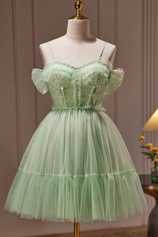 Spaghetti-Straps Sage Mesh Short Mini Homecoming Dress | HC0133