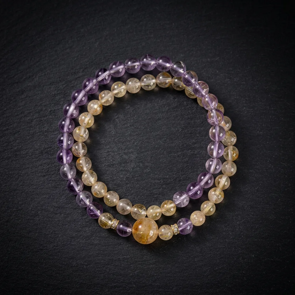 JiStones "Eternal Radiance" Amethyst & Citrine Double-Layer Crystal Bracelet Radiant Citrine Accent