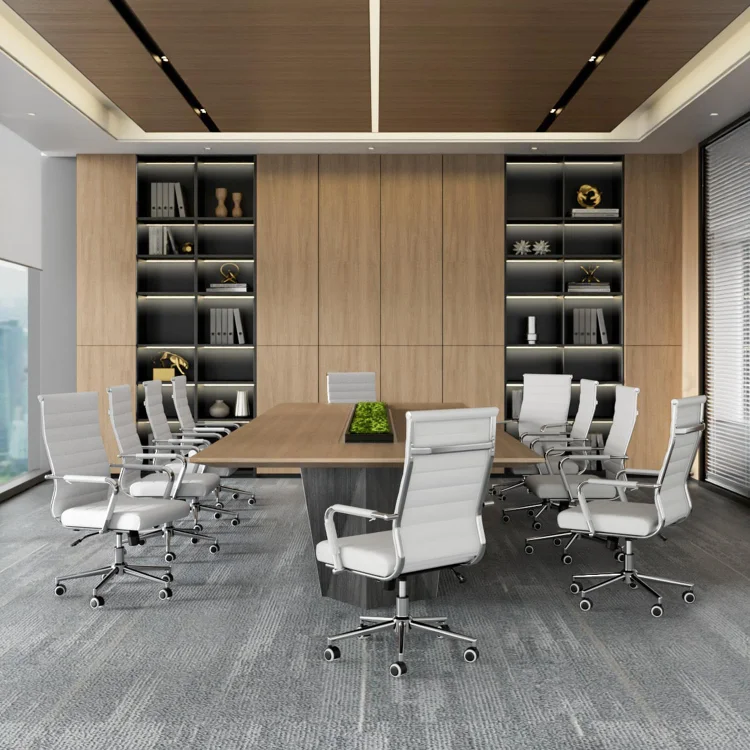 White Office Desk Chair, Ergonomic Leather Modern Conference Room Chairs, Executive Ribbed Height Adjustable Swivel Rolling Chair for Home Office