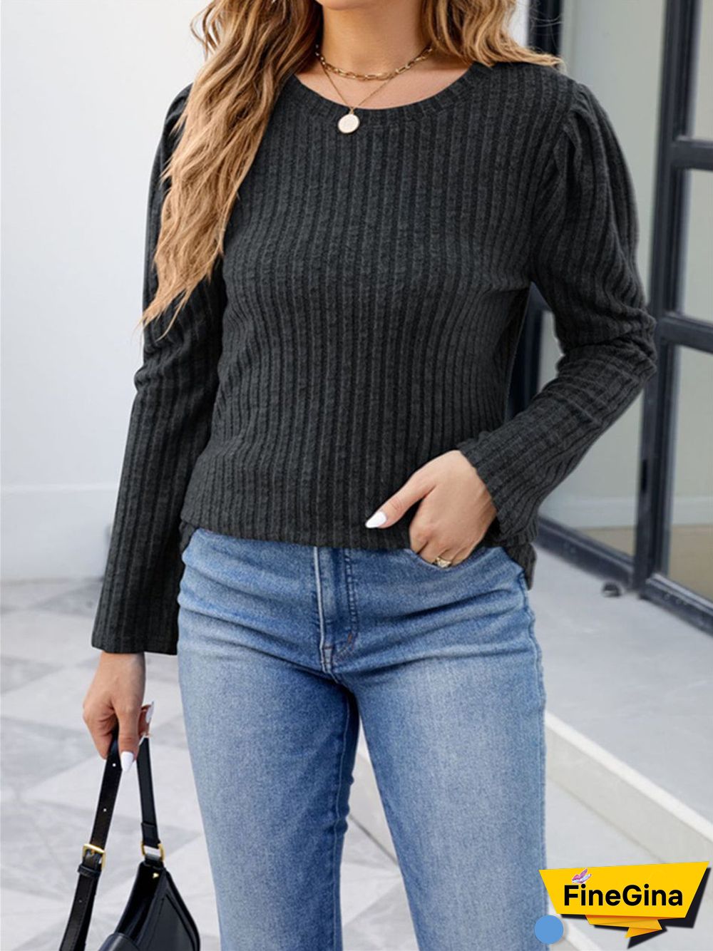Women's Striped Solid Color Scoop Neck Ruffled Long Sleeve Sweater Top