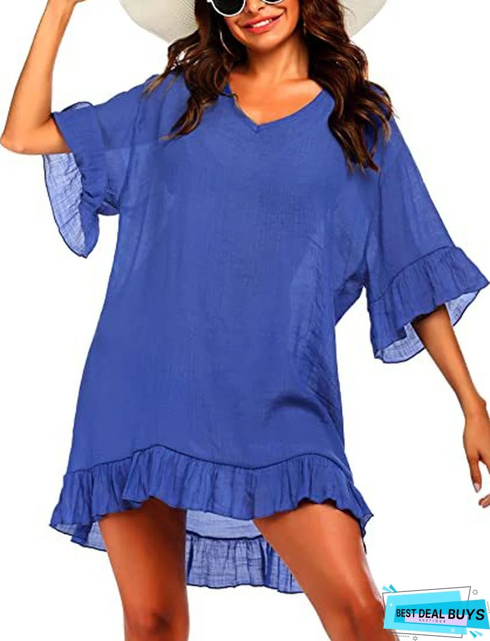 Blue Ombre/Tie-Dye Printed Ruffled Short Sleeve Shift Top