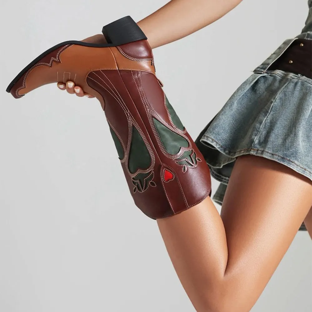 Tan & Brown Block Heel Patchwork Mid Calf Snip Toe Western Boots