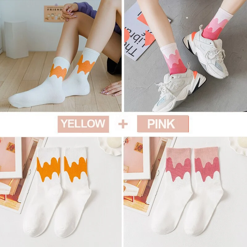 FINETOO 2Pairs/lot Women Midi Tube Socks Female Autumn Winter Candy Colors Korean Japanese Stitching Cotton Girls Graffiti Sock