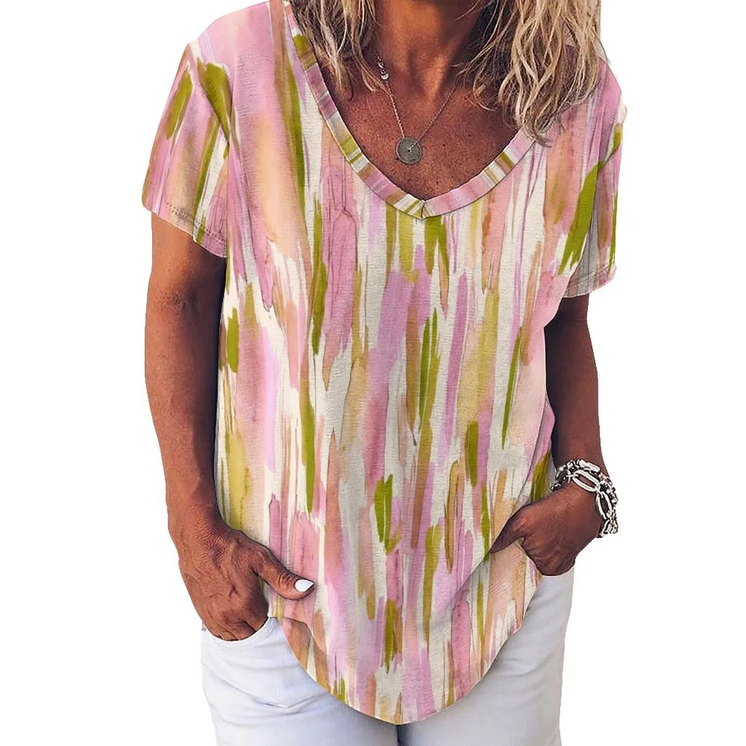 V-neck Short Sleeve Casual T-shirt for  Women Printed with Pattern Striped, Glitter, Pink