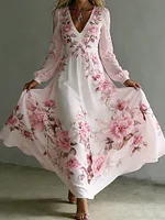 Women's Vintage Rose Printed Art V-neck Long Sleeve Maxi Dress