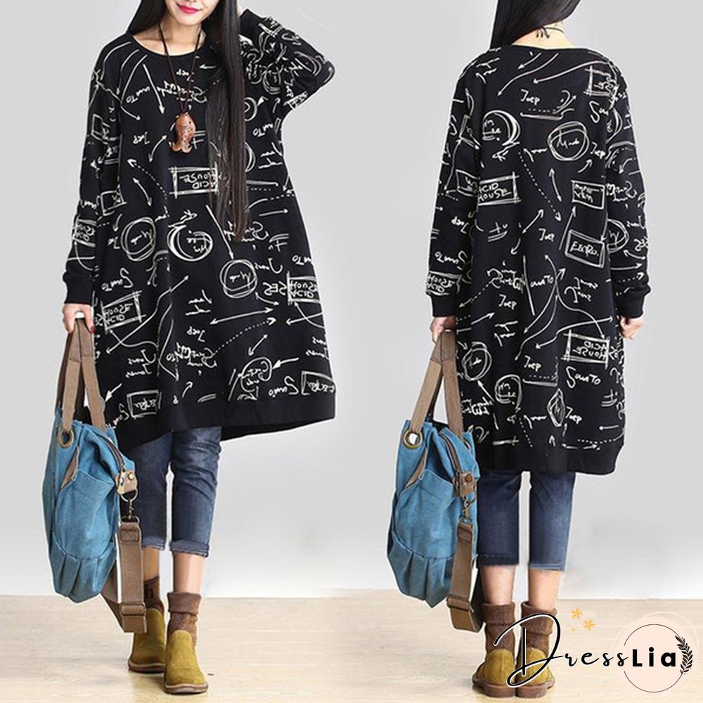 Autumn Winter Women Printed Midi Dress Tunic Long Sleeve Pockets Warm Vintage Casual Loose Long Sweatshirt Dress Plus Size
