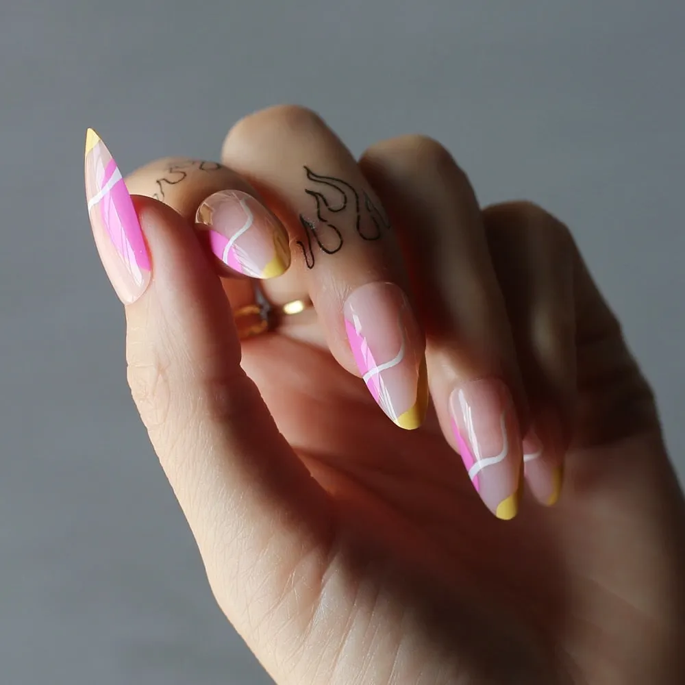 Yellow Pink with Nude Swirl False nails Stiletto Stick on nails Almond French Abstract Pastel Fake nails-Nail Inspo