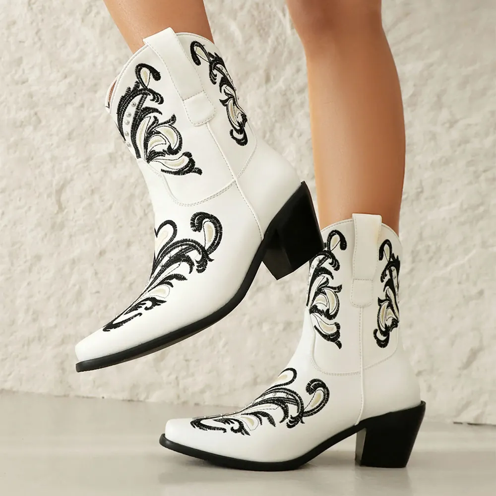 White Mid Chunky Heel Studded Embroidered Cowboy Boots for Women