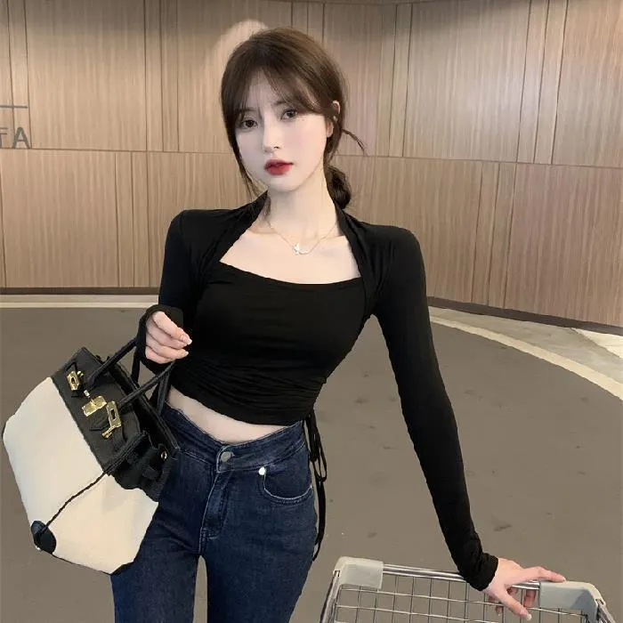 Brownm Brownm Square Collar Bottom Shirt Female Design Sense Niche 2023 Autumn Outfit With Long-Sleeved T-Shirt Slim Draw Rope Top Tide