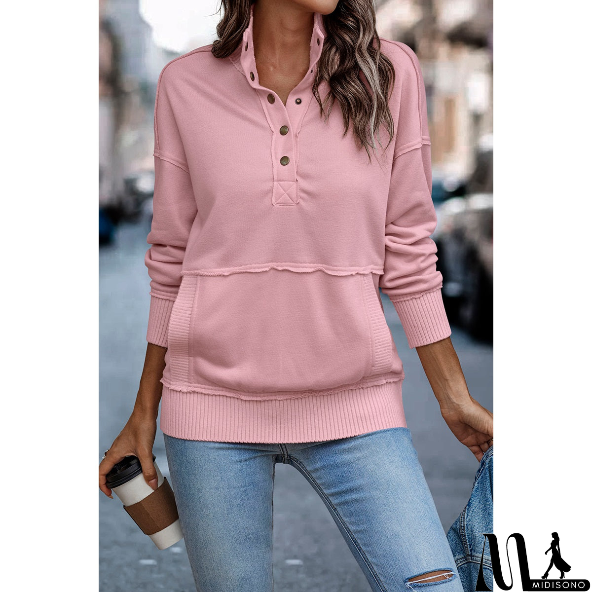 MidiSono - Chic Collared Block Button-Up Sweater