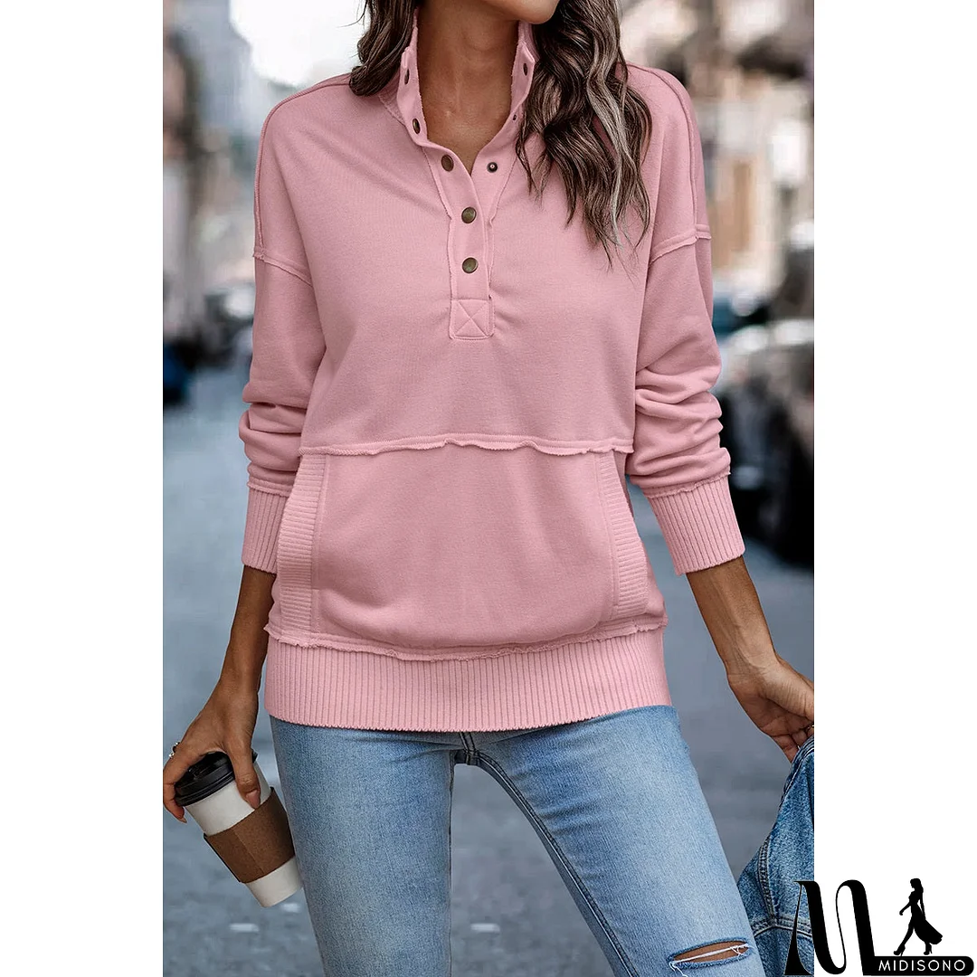 MidiSono - Chic Collared Block Button-Up Sweater