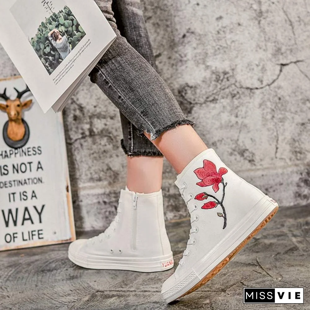 Vintage Blossom Embroidery Lace Up Zipper Canvas Shoes