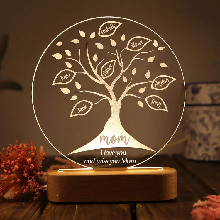 Personalized Family Tree Night Light Engraved 7 Names Wooden LED Lamp