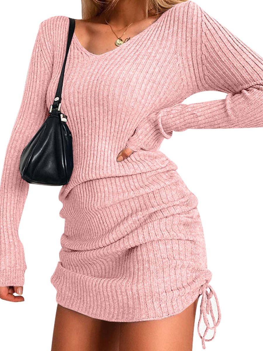 Short Dresses Knit Sweater V-neck Long-sleeved Slim Drawstring Pleated Dress