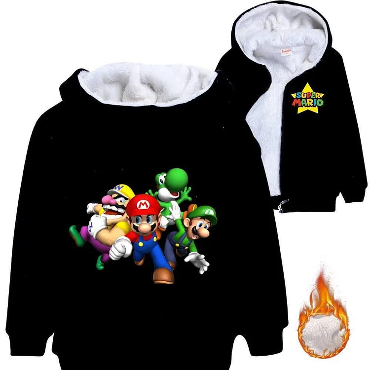 Boys Girls Super Mario Print Kids Fleece Lined Zip Up Cotton Hoodie-Mayoulove
