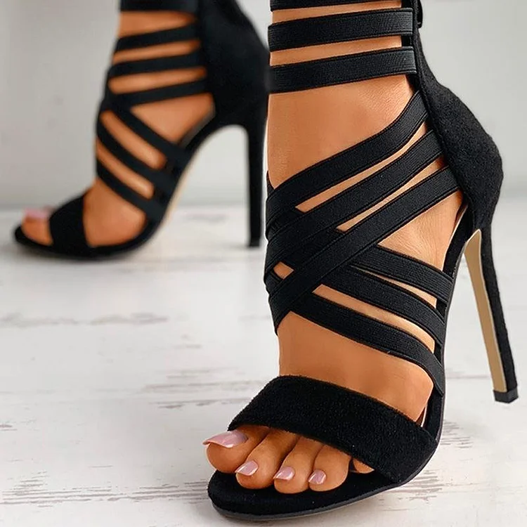 Black Suede Stiletto Heels Women's Strappy Shoes Office Sandals |FSJ Shoes