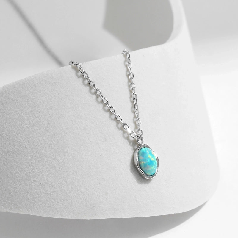 925 Sterling Silver Rack Plated Opal Cable Chain Inlay Oval Pendant Necklace
