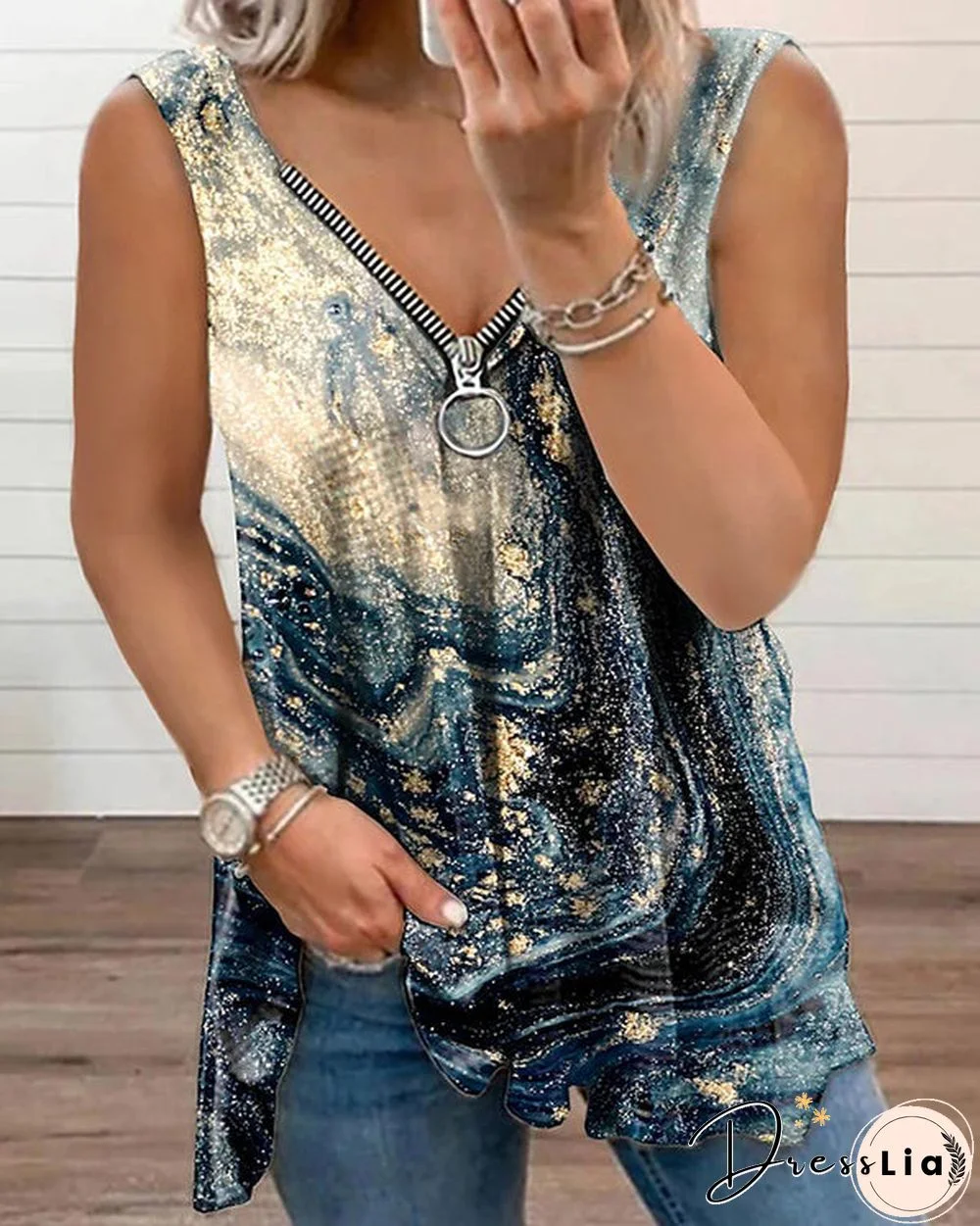 Sexy Zip V-Neck Print Sleeveless Top