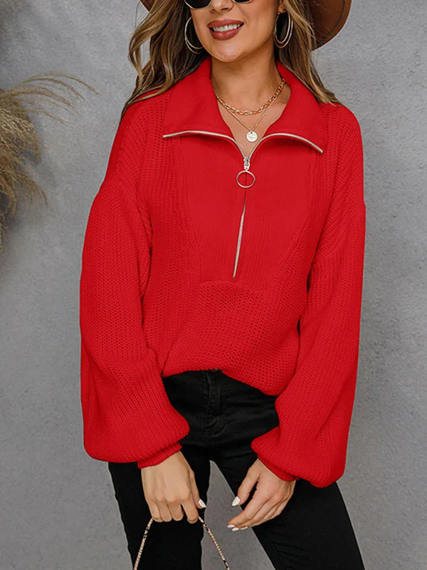 Urban Puff Sleeves Loose Solid Color Lapel Collar Sweater Tops