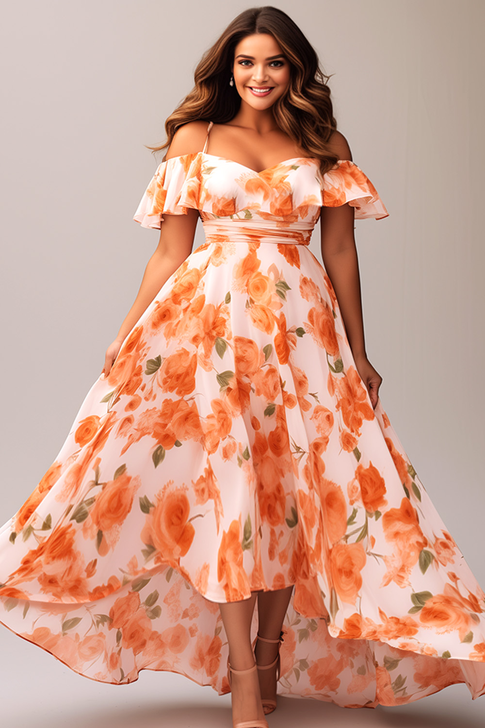 Flycurvy Plus Size Vacation Orange Chiffon Floral Print Cold Shoulder High Low Hem Maxi Dress 2024 - Flycurvy 