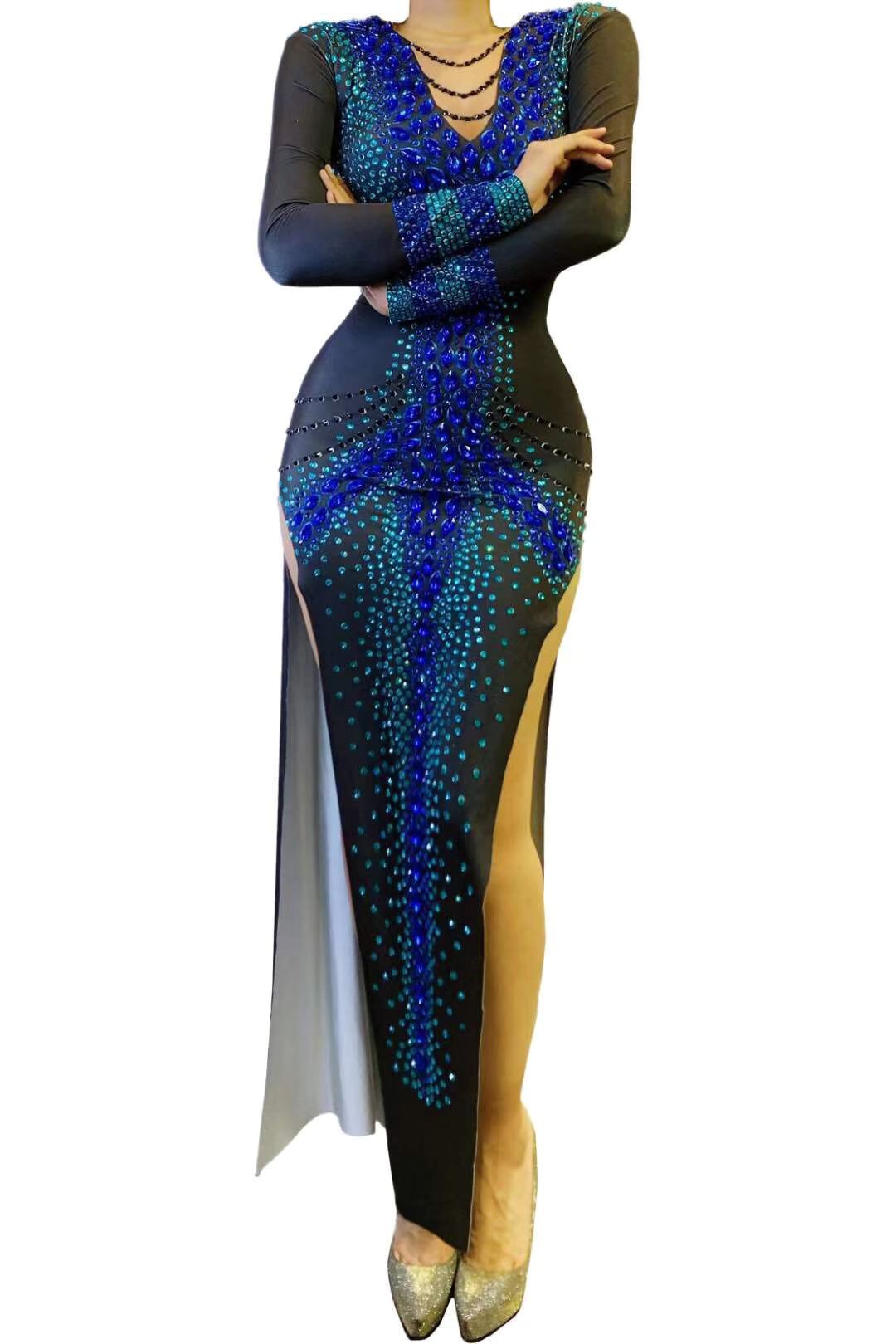 GOOSHOE Blue Black Rhinestone Split Spandex Long Dress Prom Dress