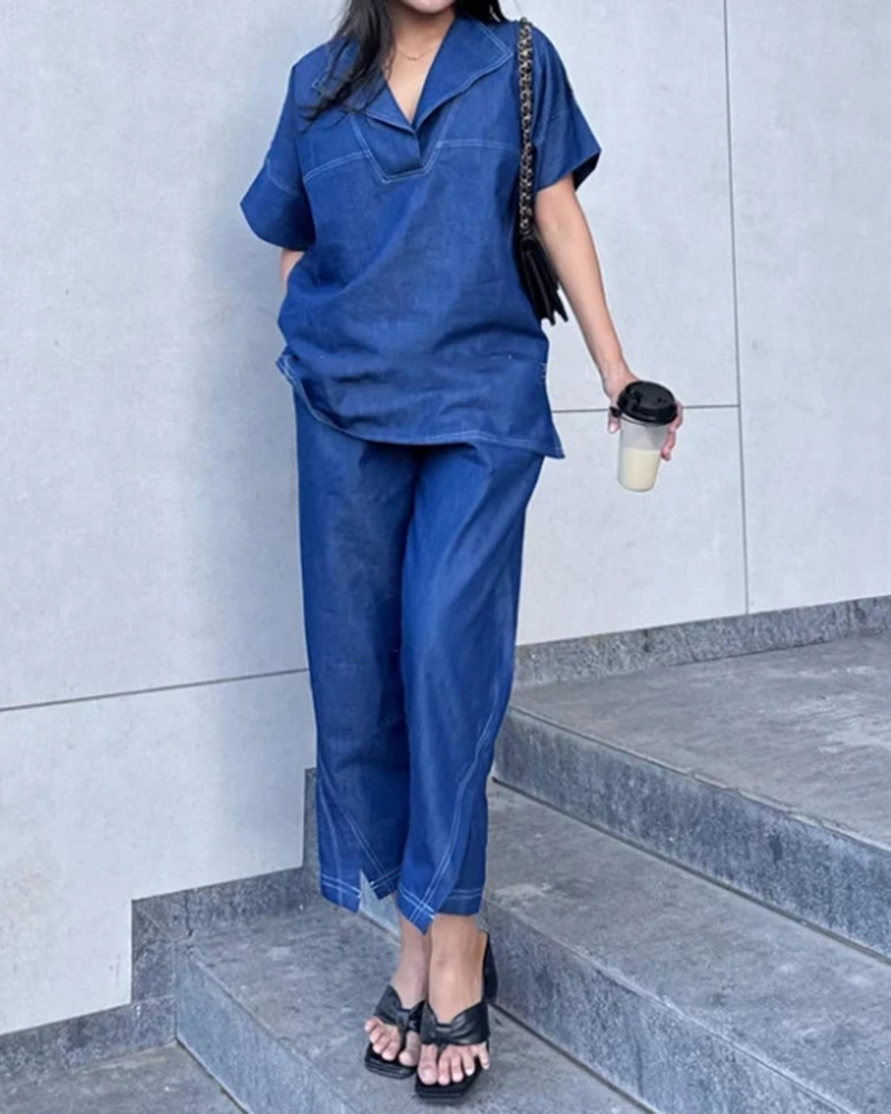 Short Sleeve Lapel Top & Side Pockets Pants Denim Set