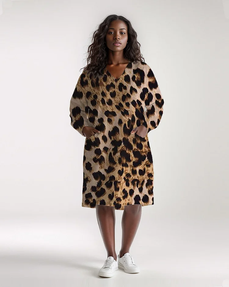 Plus Size Women's Leopard Print Casual Pocket V Neck Dress