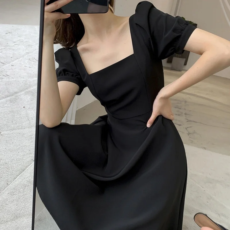 Uveng Uveng Summer New Retro Hepburn Wind Little Black Dress Fat Sister Waist Show Thin Square Collar Dress Women's Wear