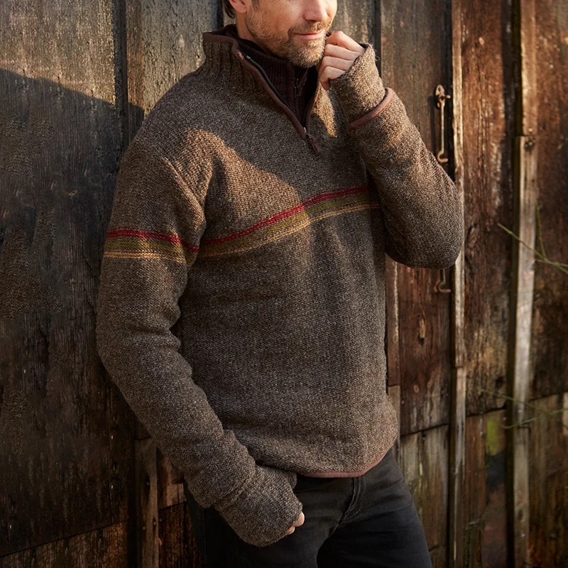 Vintage Warmth Chest Stripes Knit Jacquard Icelandic Half Zip Collar Sweater（Unisex ）