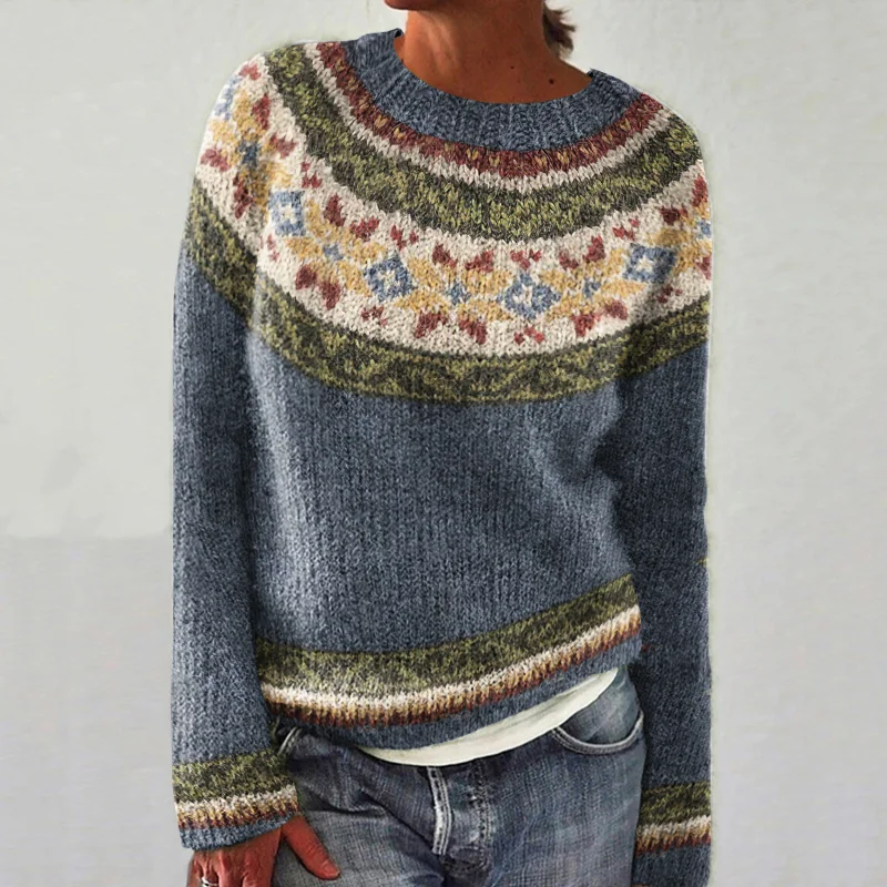 Vintage Color Block Tribal Floral Icelandic Knit Pullover Sweater