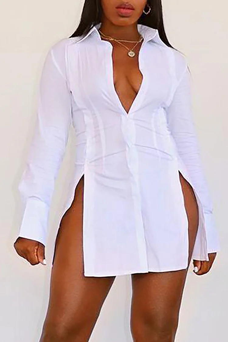 Plus Size White Daily Side Slit Plain Long Sleeve Shirt Mini Dresses 