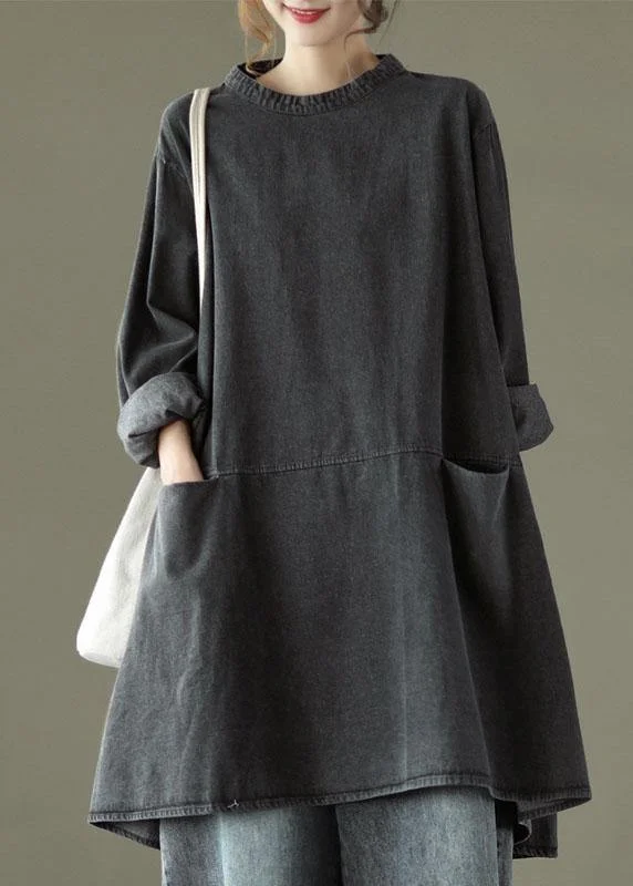 Boho Black Grey O-Neck Pockets Denim Long Dresses Long Sleeve