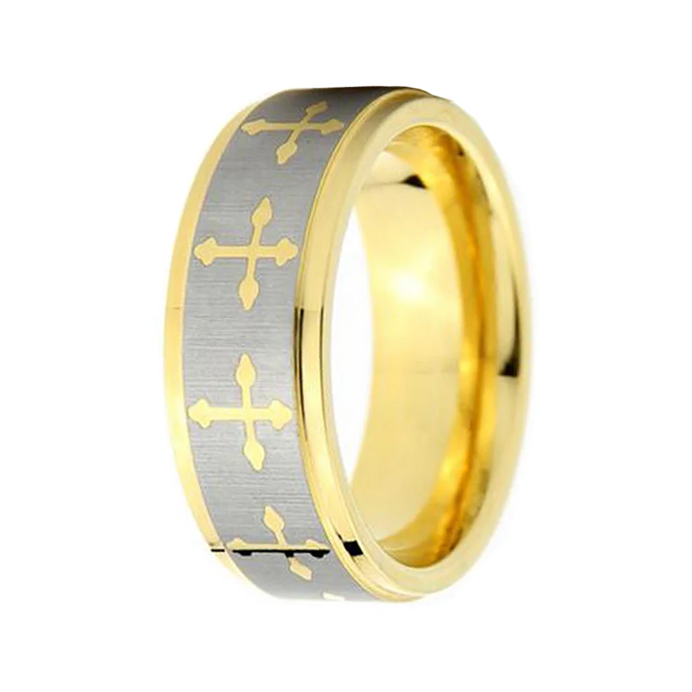 6MM 8MM Tungsten Carbide Gold Celtic Cross Center Silver Brushed Couple Rings