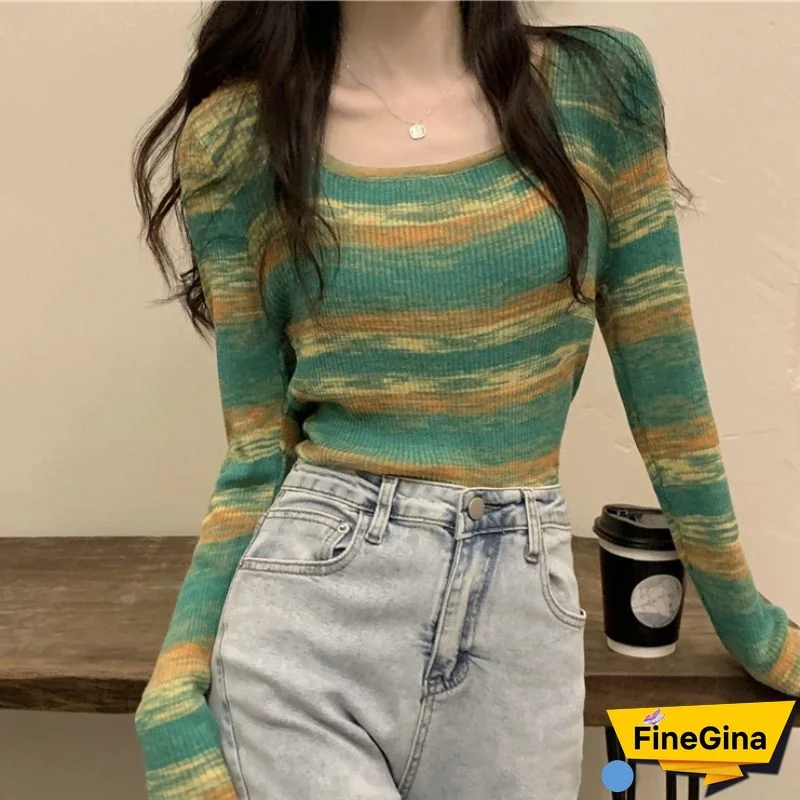 Green Knitted Long Sleeve Crew Neck Tops