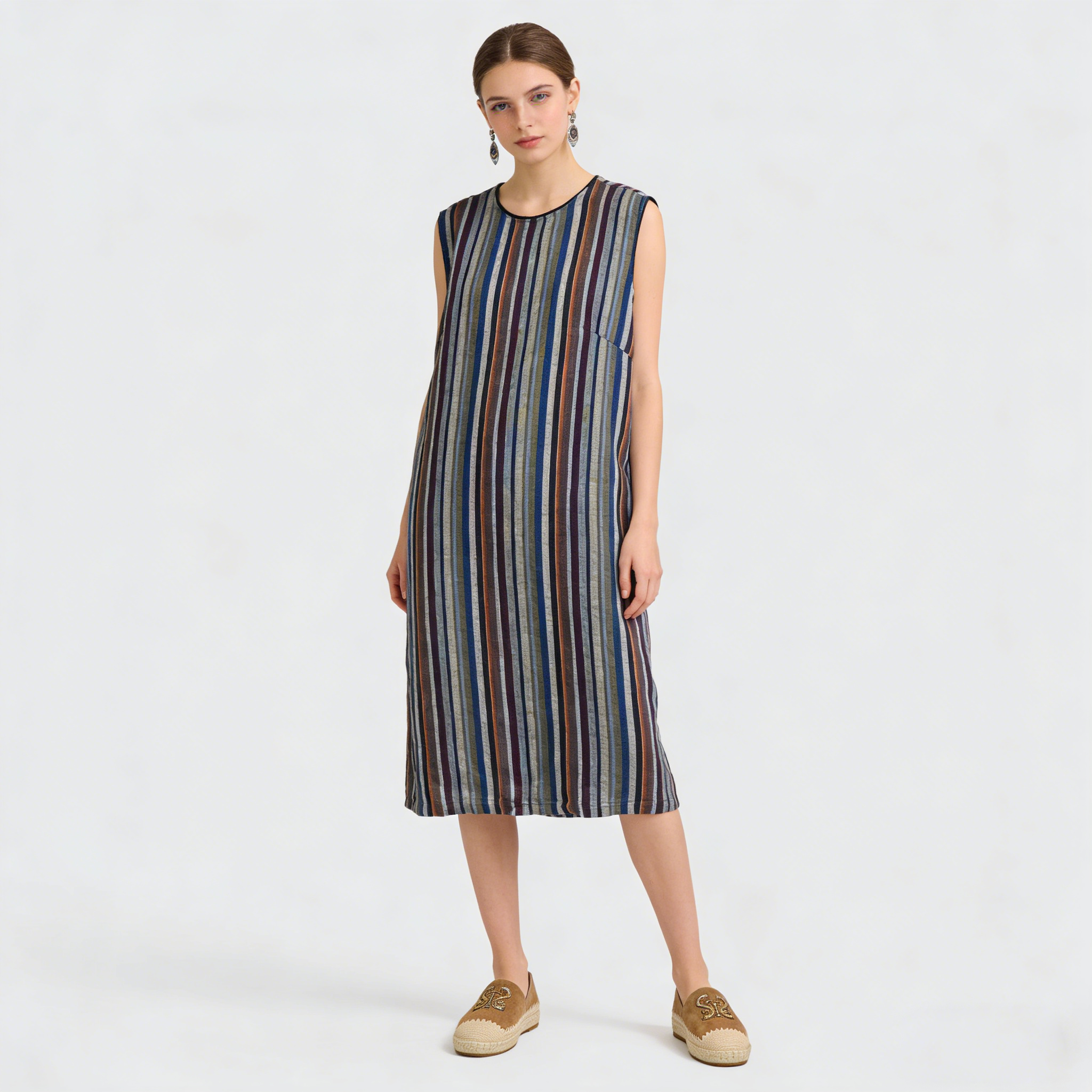 Linen Shift Dress Women 100% Linen Sleeveless Plaid Midi Dress REAL SILK LIFE